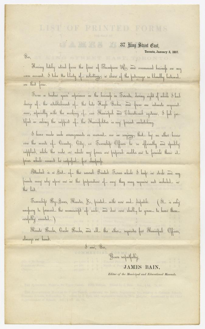 [Letter] and list of printed forms for sale by James Bain, 37 King Street East, Toronto