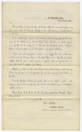 [Letter] and list of printed forms for sale by James Bain, 37 King Street East, Toronto