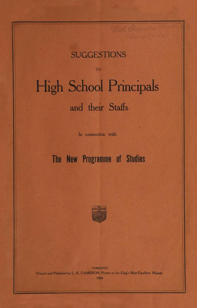 Suggestions to High School Principals and their Staffs