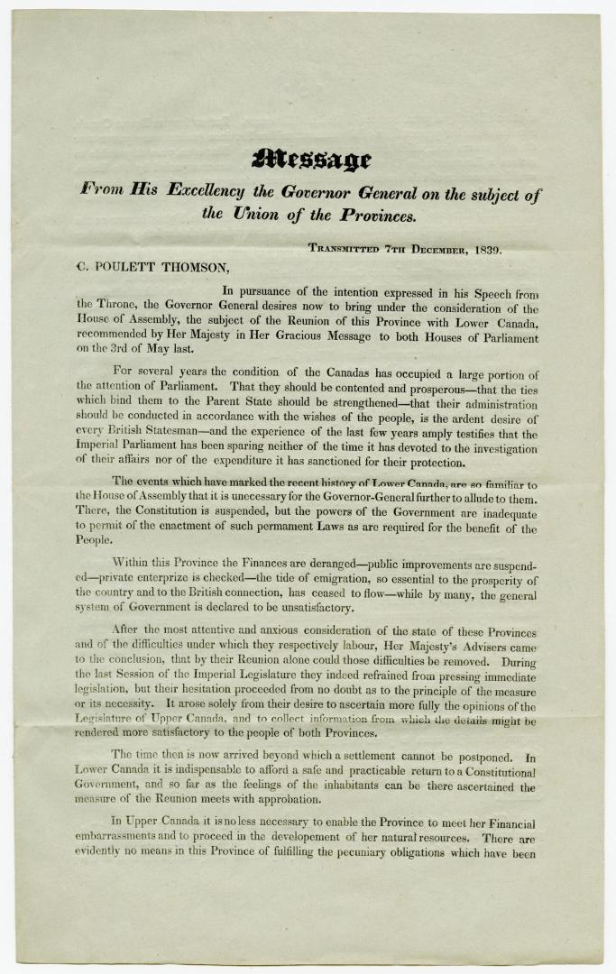 Message from His Excellency the Governor General on the subject of the union of the provinces