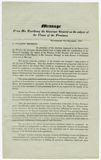 Message from His Excellency the Governor General on the subject of the union of the provinces