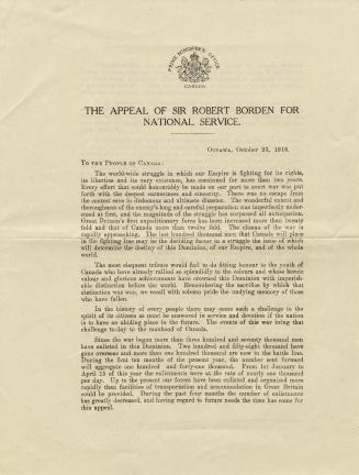 The appeal of Sir Robert Borden for national service