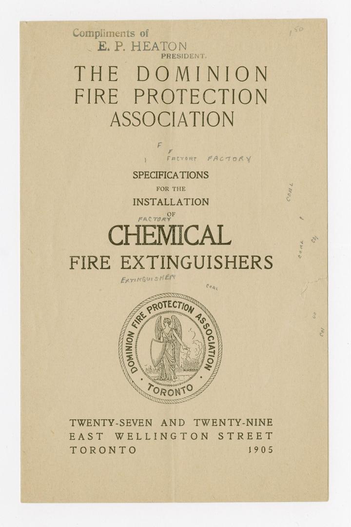 The Dominion Fire Protection Association specifications for the installation of chemical fire extinguishers