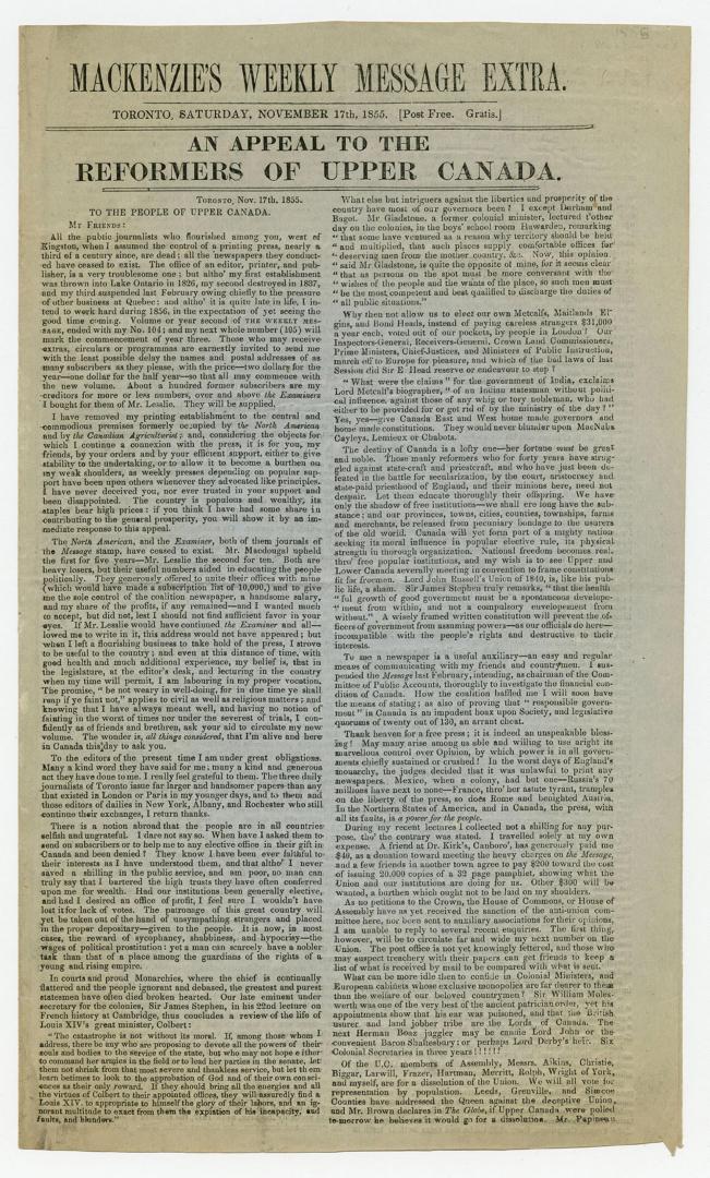 Mackenzie's Weekly Message Extra : an appeal to the reformers of Upper Canada