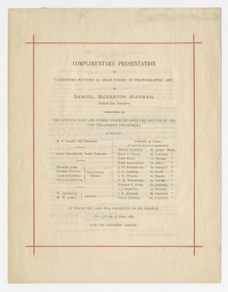Complimentary presentation of a grouped picture in high finish of photographic art, of Samuel Bickerton Harman, retired city treasurer : surrounded by the official staff and others connected with the routine of the City Treasurer's Department