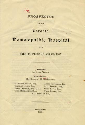 Prospectus of the Toronto Homeopathic Hospital and Free Dispensary Association