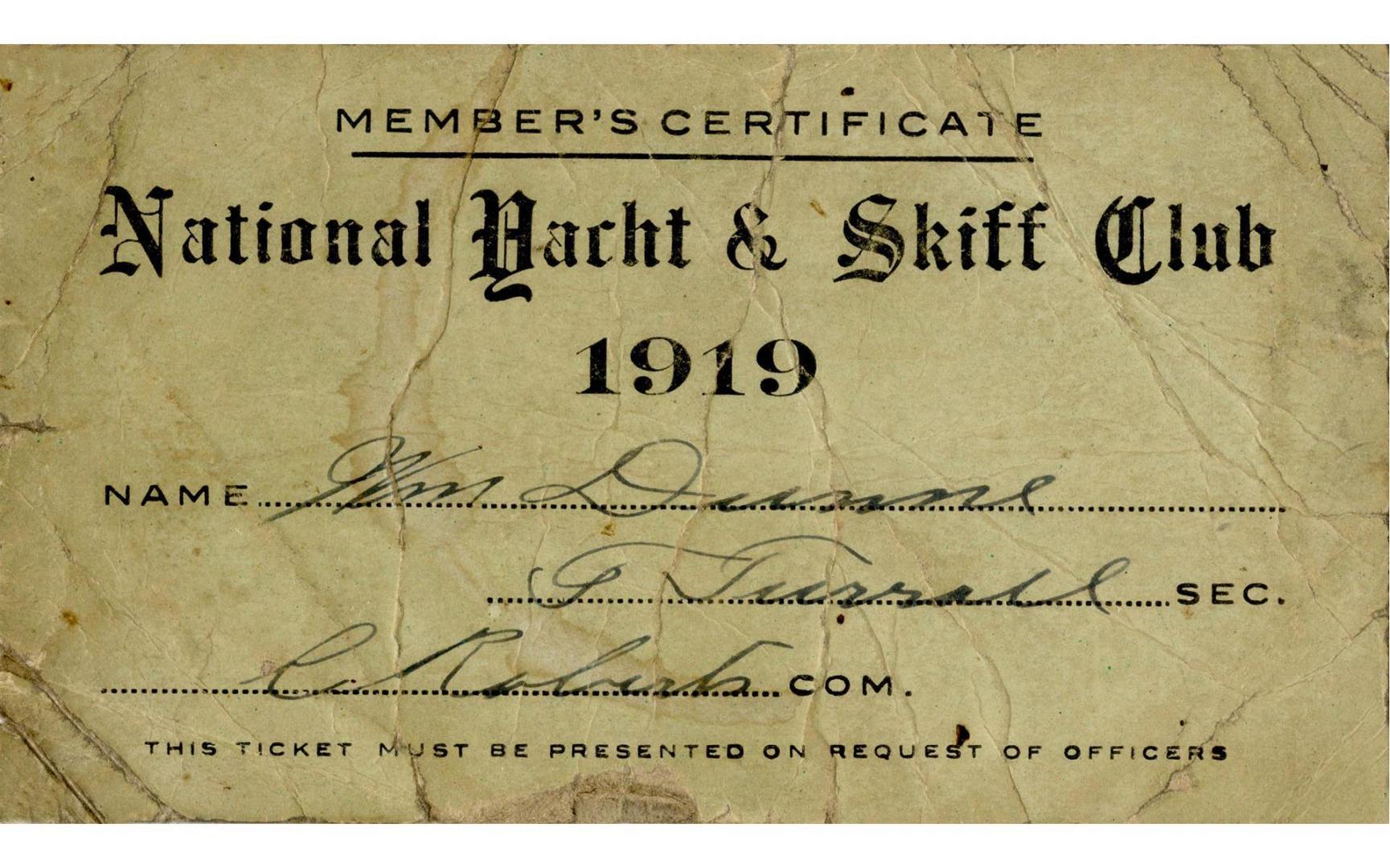 Member's certificate National Yacht & Skiff Club 1919