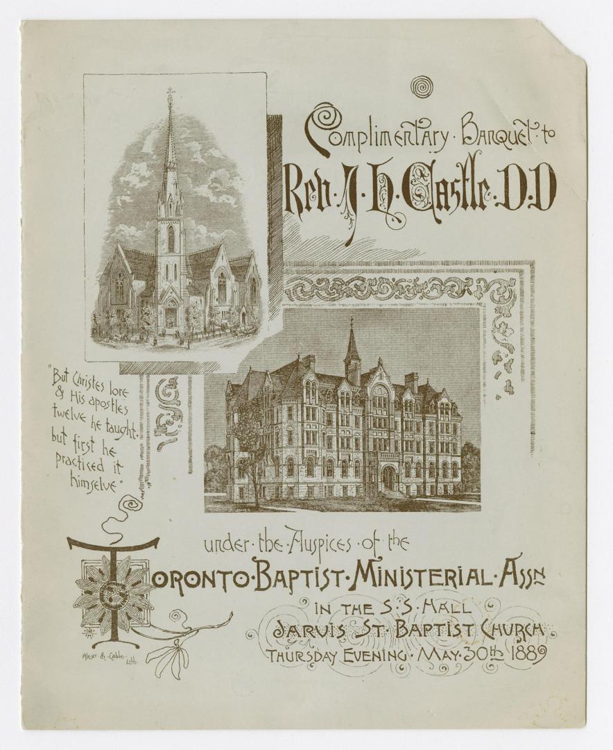 Complimentary banquet to Rev. J.H. Castle, D.D. under the auspices of the Toronto Baptist ministerial assn.