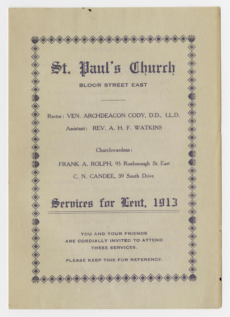 St. Paul's Church, Bloor St. East, Toronto, services for Lent, 1913