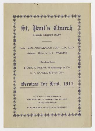 St. Paul's Church, Bloor St. East, Toronto, services for Lent, 1913