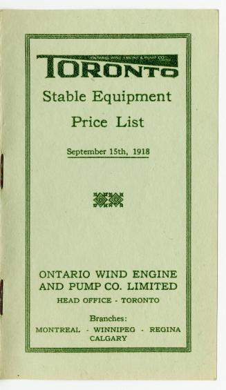 Toronto stable equipment price list, September 15th, 1918, Ontario Wind Engine and Pump Co