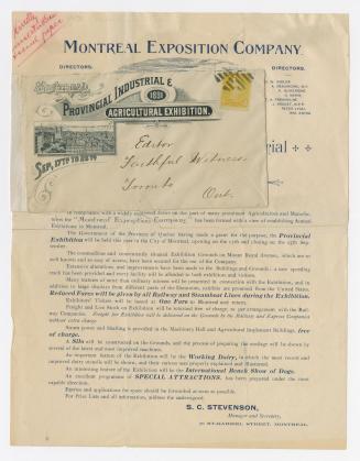 Montreal Exposition Company : Provincial Agricultural and Industrial Exhibition, September 17th to 25th, 1891 : circular