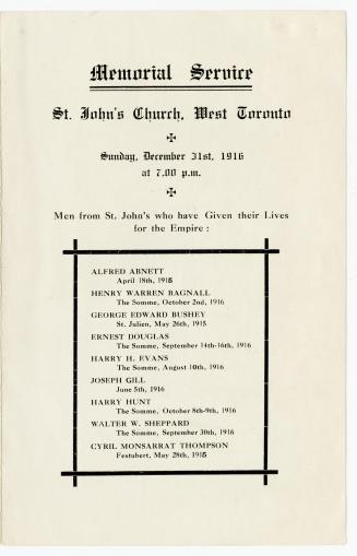 Memorial service, St. John's Church, West Toronto, Sunday, December 31st, 1916