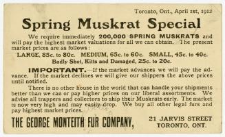 Spring muskrat special , the George Monteith Fur Company, 21 Jarvis Street, Toronto, Ont.