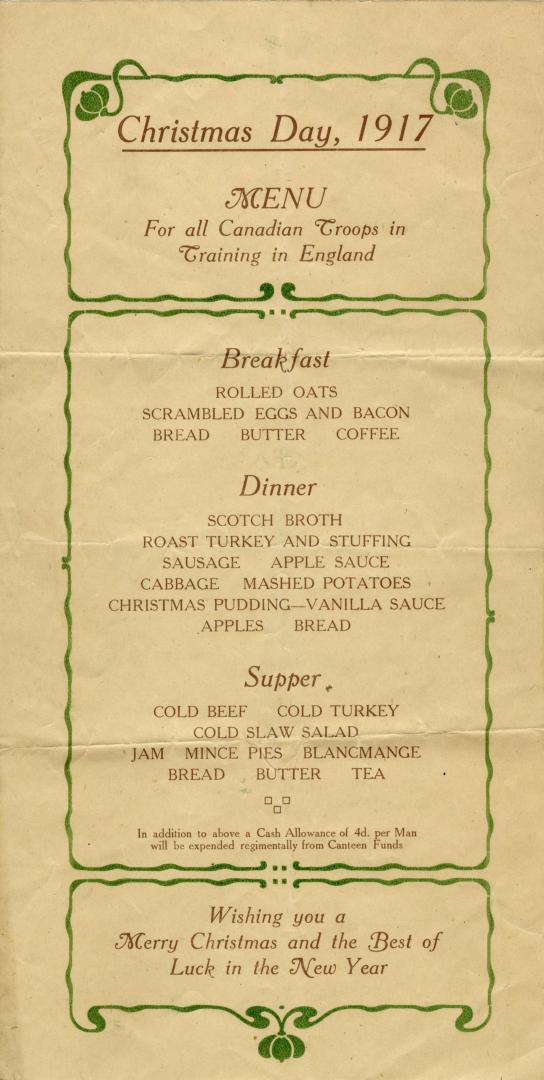 Christmas Day, 1917 : menu for all Canadian troops in training in England