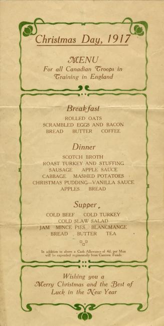 Christmas Day, 1917 : menu for all Canadian troops in training in England