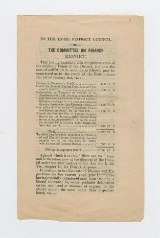To the Home District Council : the Committee on Finance report