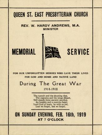 Image shows a flyer of the Memorial Service at Queen St. Presbyterian Church on Sunday Evening, ...