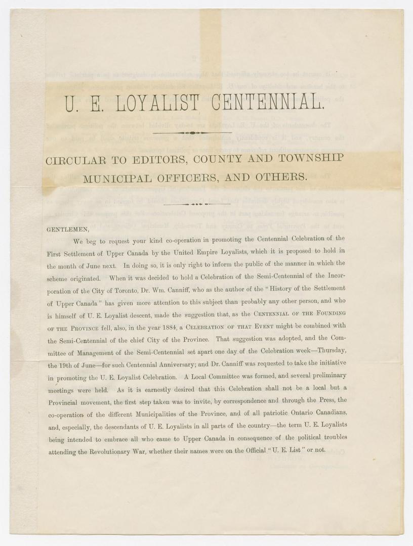 [Circular] U.E. Loyalist centennial : circular to editors, county and township municipal officers, and others