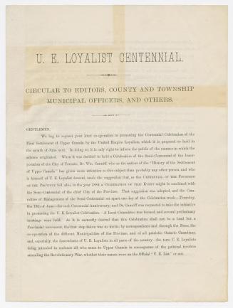 [Circular] U.E. Loyalist centennial : circular to editors, county and township municipal officers, and others