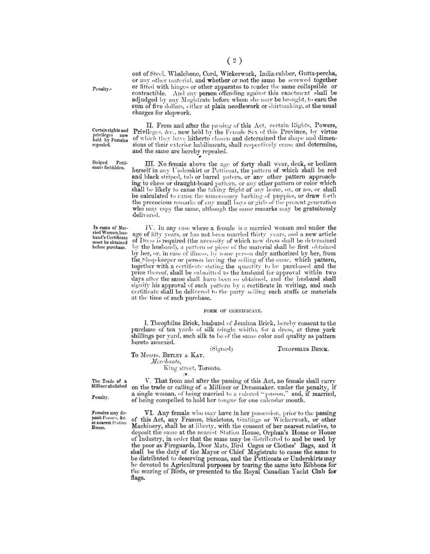 Bill, an act for the reform and regulation of female apparel, and to amend and reform the customs relating to crinoline and other artificial superflui(...)