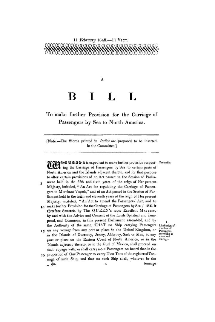 Passengers. A bill to make further provision for the carriage of passengers by sea to North America