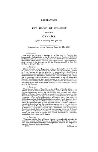 Resolutions of the House of Commons relative to Canada, agreed to on Friday 28th April 1837