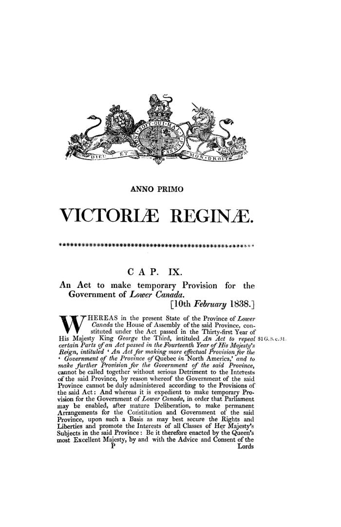 An act to make temporary provision for the government of Lower Canada