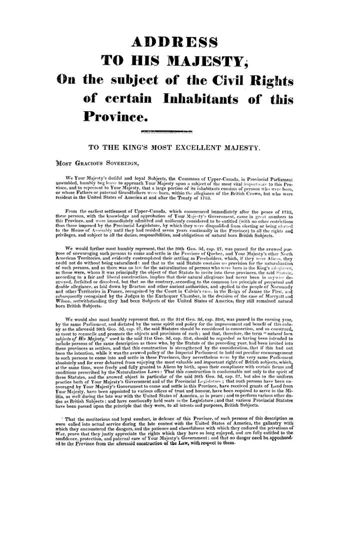 Address to His Majesty on the subject of the civil rights of certain inhabitants of this province