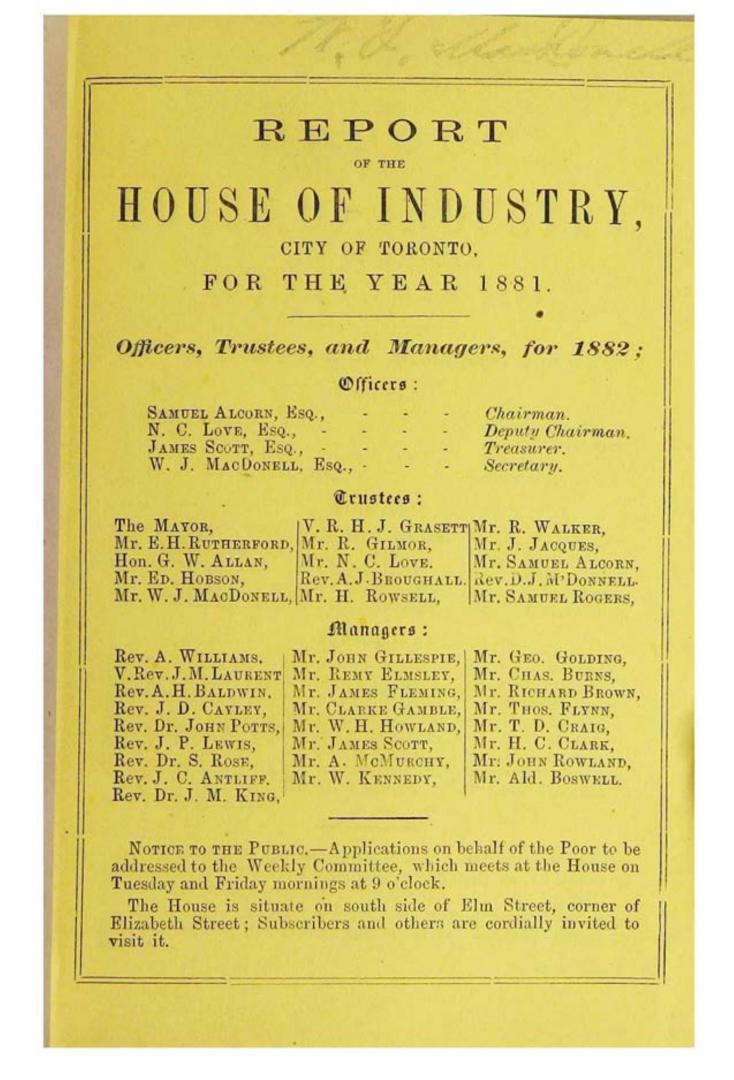Report of the House of Industry, city of Toronto for the year 1881.