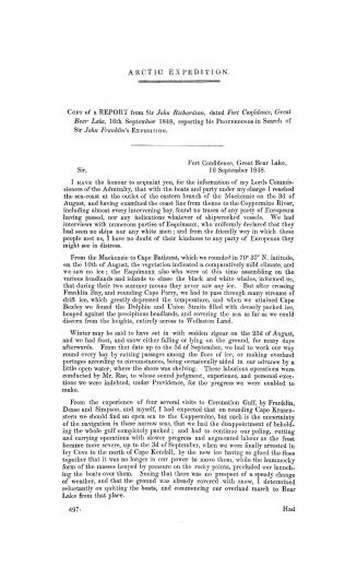 Arctic expedition : copy of a report from Sir John Richardson, dated Fort Confidence, Great Bear Lake, 16th September 1848, reporting his proceedings in search of Sir John Franklin's expedition