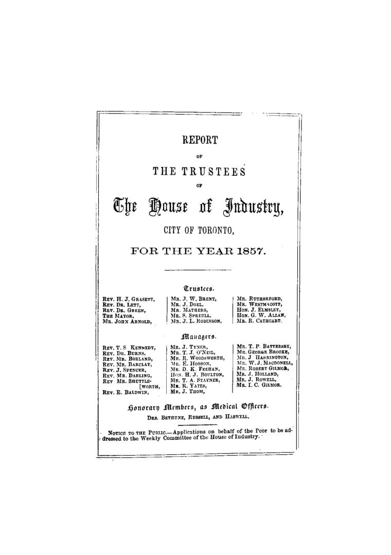 Report of the Trustees of the House of Industry, Toronto, for the year 1857.