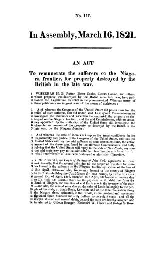 An act to remunerate the sufferers on the Niagara frontier for property destroyed by the British in the late war