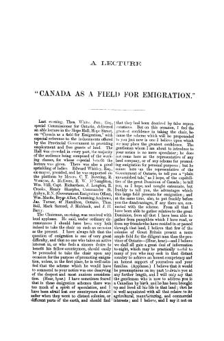 A lecture on ''Canada as a field for emigration''