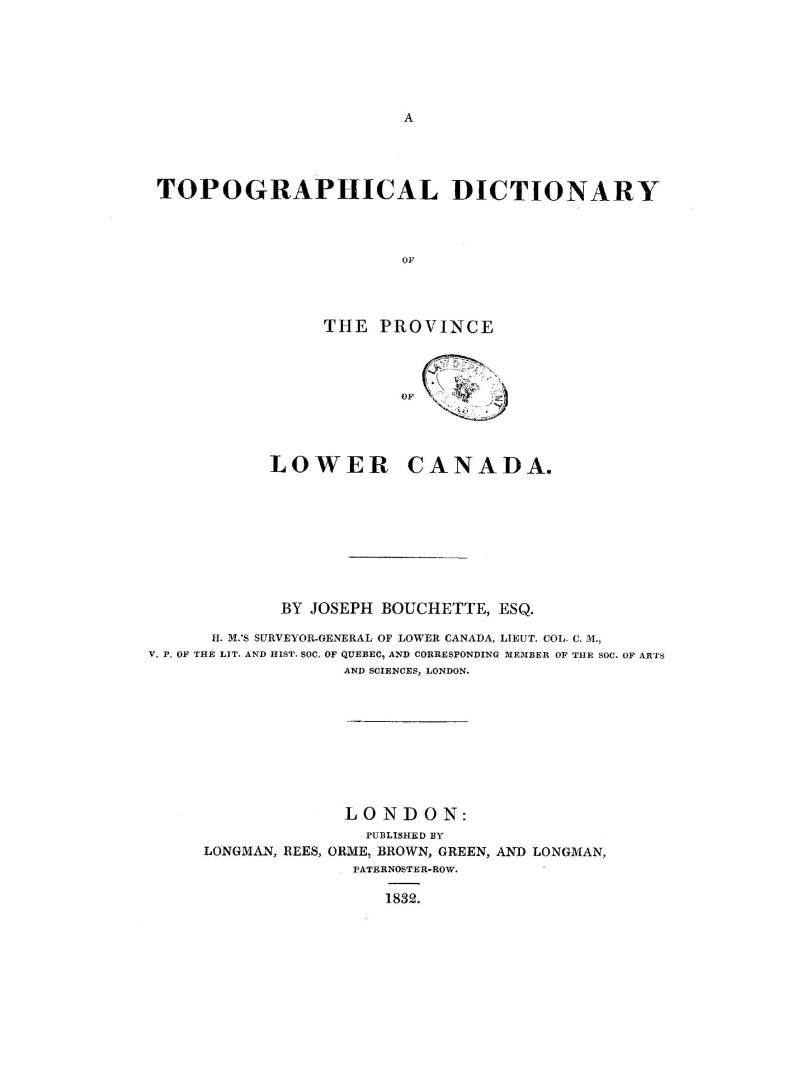 A topographical dictionary of the province of Lower Canada