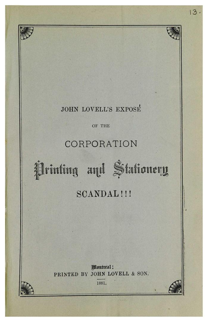 Statement of the tenders for the printing and stationery required by the corporation of the city of Montreal for six years, John Lovell's exposé of th(...)