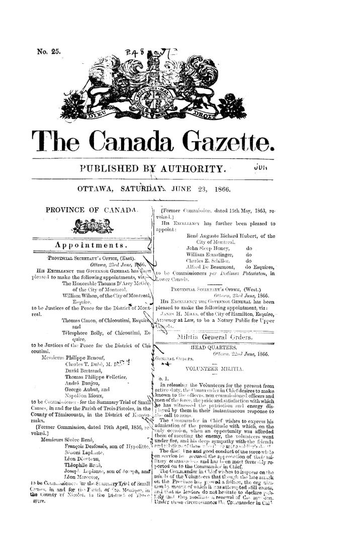 [Official reports in connection with the Fenian invasion, including the raid on Fort Erie and the battle of Ridgeway, an extract from the Canada gazette for June 23, 1866