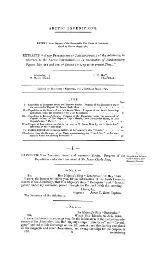 Arctic expeditions. : Return to an order of the honourable the House of Commons, dated 15 March 1849, - for, extracts ''of any proceedings or correspo(...)
