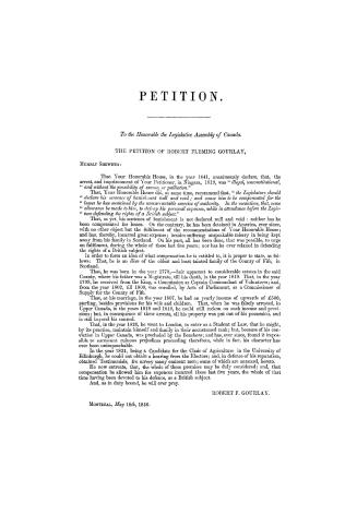 Petition of Robert F. Gourlay, presented, 18th May, 1846. Printed by order of the Legislative Assembly. (200 copies)