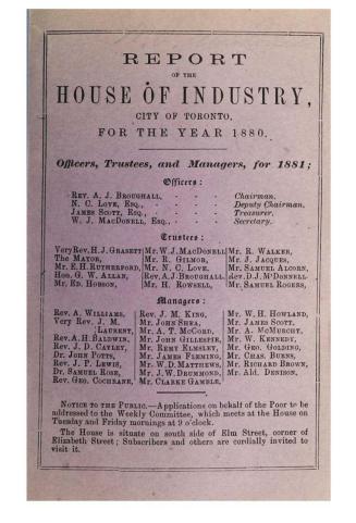 Report of the House of Industry, city of Toronto for the year 1880.