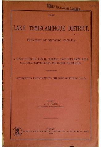 The Lake Temiscamingue district, province of Ontario, Canada,