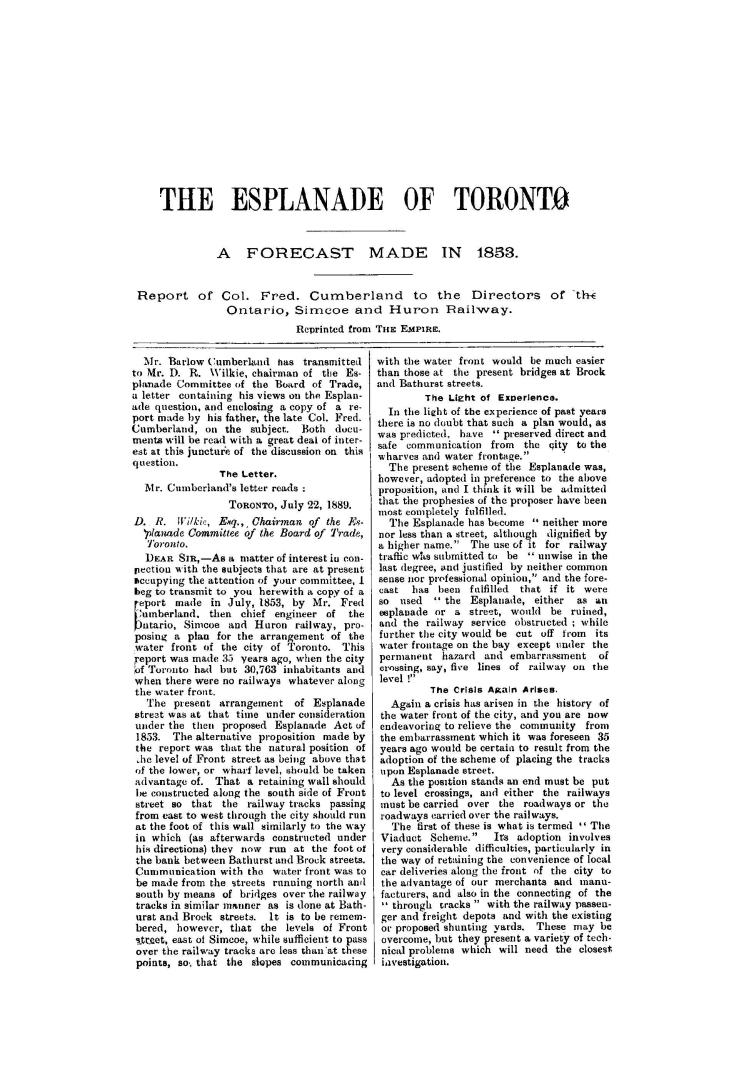 The esplanade of Toronto, a forecast made in 1853, report