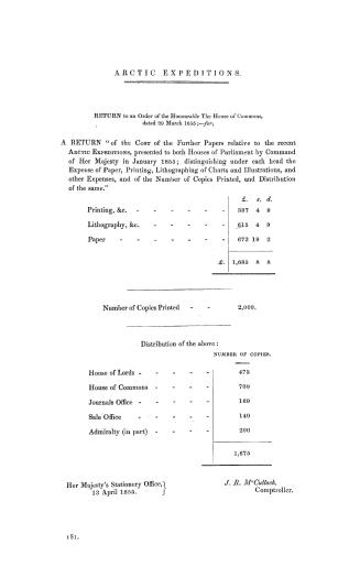 Arctic expeditions. Return to an order of the Honourable the House of Commons, dated 29 March 1855, - for, a return ''of the cost of the further paper(...)