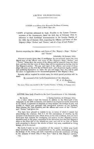 Arctic expedition. Return to an address of the Honourable the House of Commons, dated 17 March 1854, - for, ''Copy of letter addressed by Lady Frankli(...)