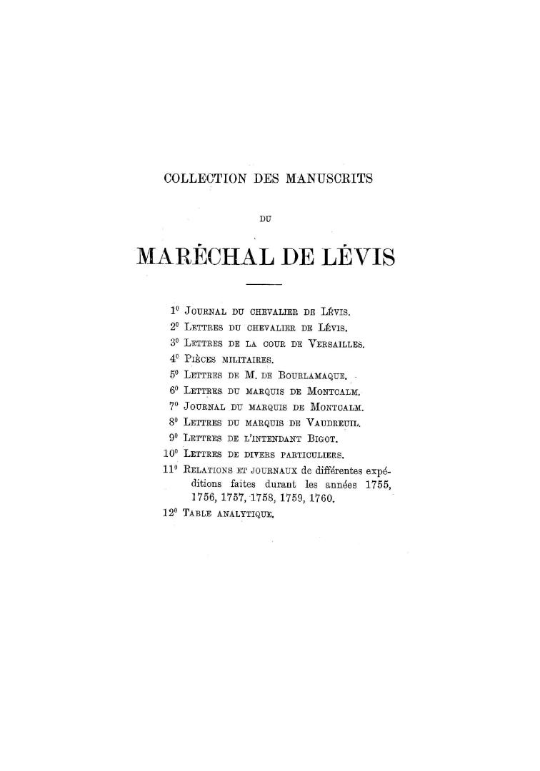 Table analytique de la collection des manuscrits du maréchal de Lévis