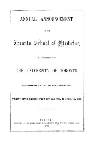 Annual announcement of the Toronto School of Medicine in affiliation with the University of Toronto