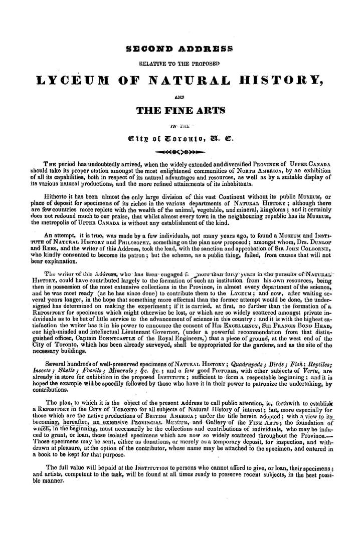 Second address relative to the Proposed lyceum of natural history and the fine arts in the City of Toronto, U