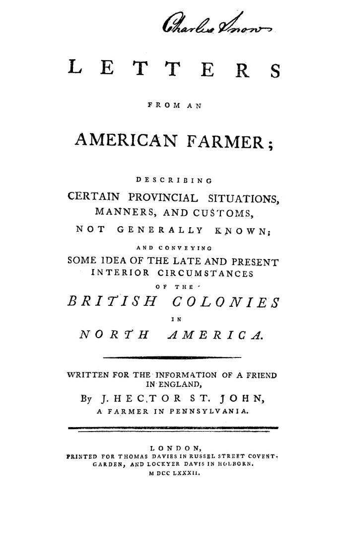 Letters from an American farmer, describing certain provincial situations, manners and customs
