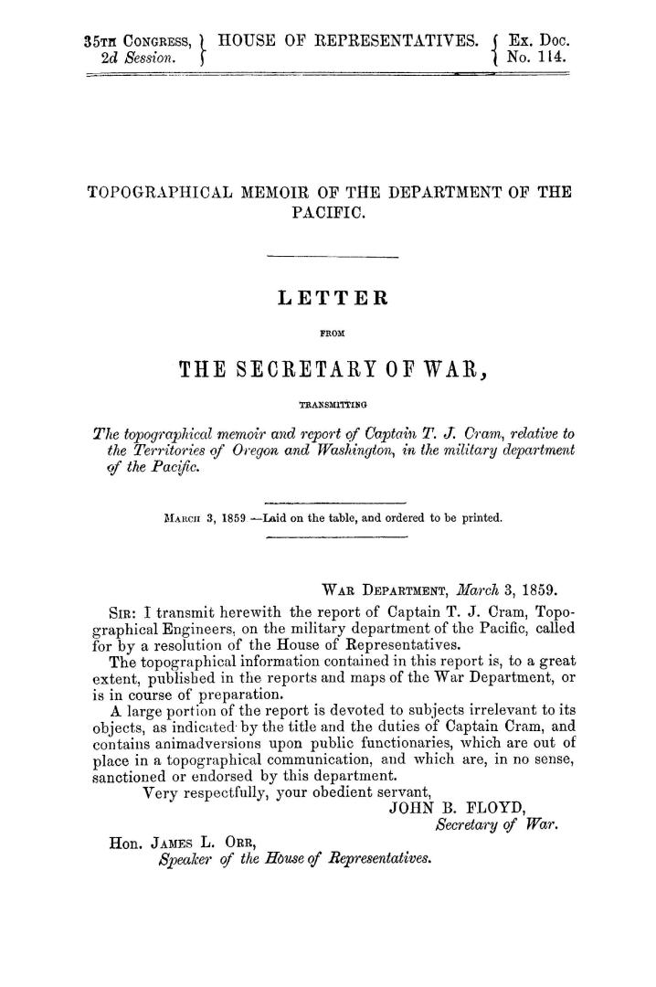 Letter from the Secretary of War, transmitting the topographical memoir and report of Captain T