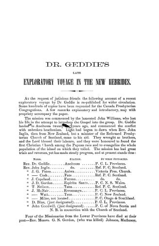 Dr. Geddie's late exploratory voyage in the New Hebrides